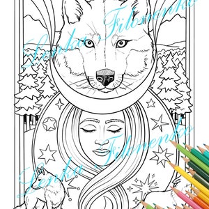 May include: A black and white line art coloring page featuring a wolf's head with a crescent moon behind it. A woman's face is inside the moon, with her hair flowing down. There are stars and a smaller wolf in the background.