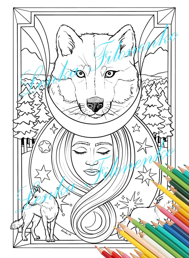 May include: A black and white line art coloring page featuring a wolf's head with a crescent moon behind it. A woman's face is inside the moon, with her hair flowing down. There are stars and a smaller wolf in the background.