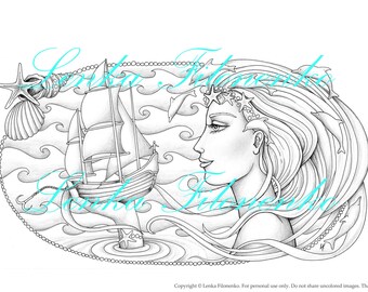 Coloring page for adults, Arts Coloring page, Fantasy Queen of the Ocean, PDF download and print