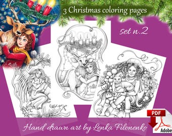 Set No.2 - Christmas Coloring Pages for Adults – Grayscale Holiday Printable PDF Instant Download