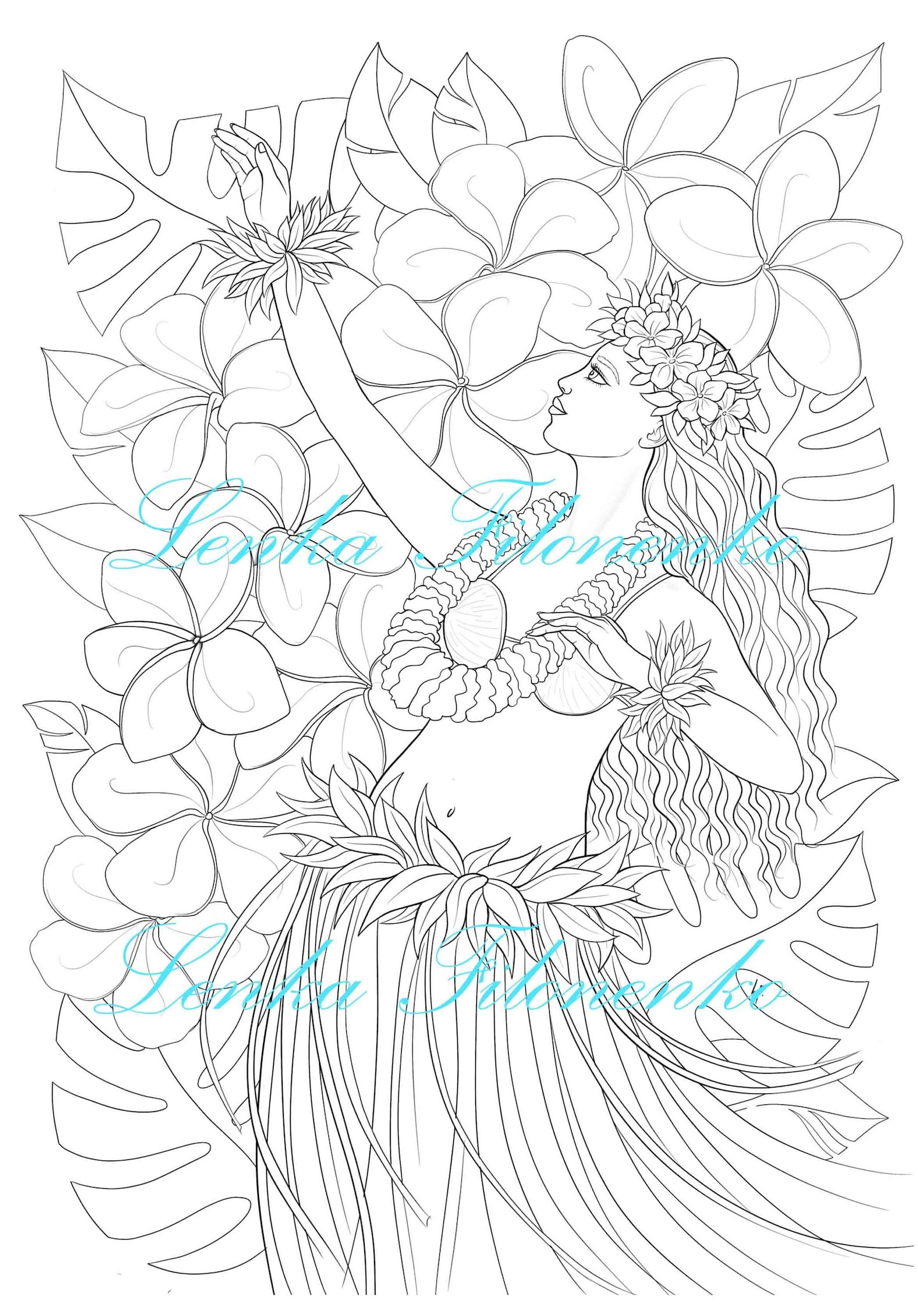Coloring page for adults Hawai Hula dancer line art PDF | Etsy
