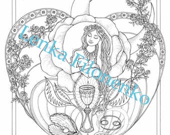 May include: A black and white line art illustration of a Cancer zodiac sign. The illustration features a woman with long hair wearing a flower crown, a chalice, a seashell, and a rose. The text "Cancer" and "June 21-July 22" is included in the image.
