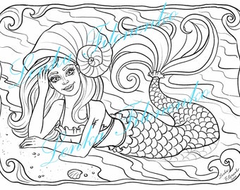 Coloring page, Mermaid with a Shell, Line art, PDF download and print - Mermay, Beautiful Mermaid with Shell