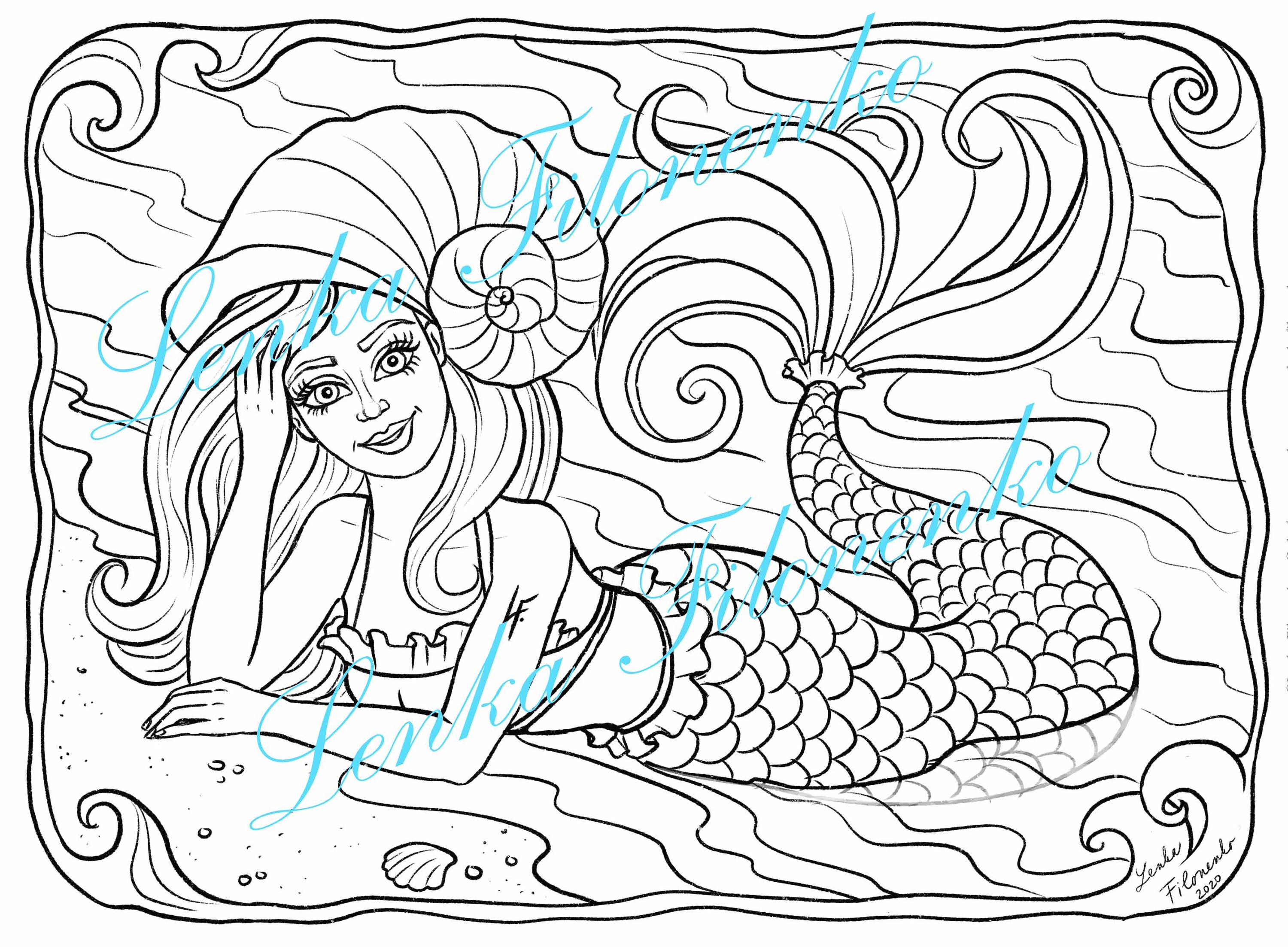 Coloring page Mermaid with a Shell Line art PDF download | Etsy