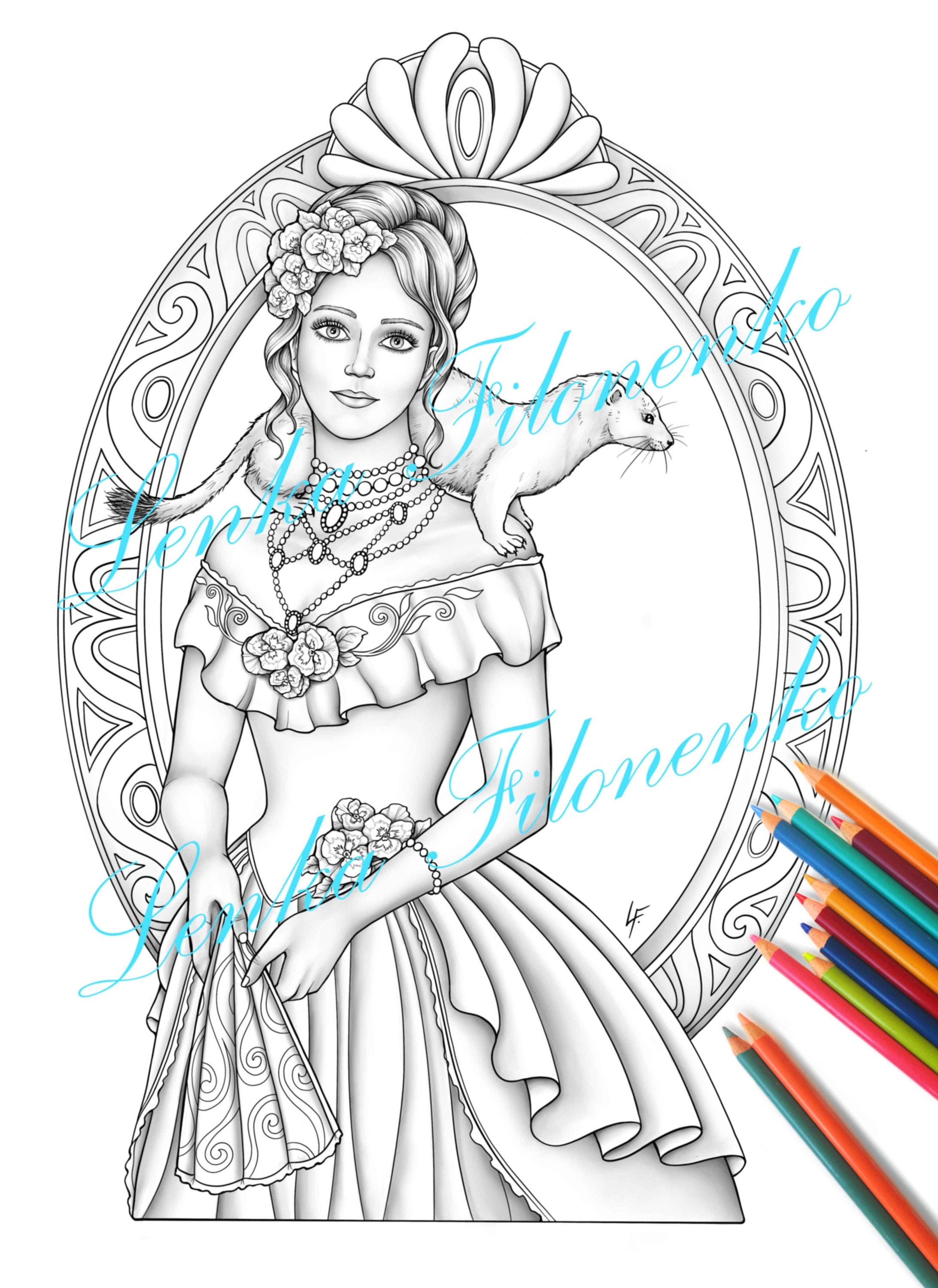 Coloring page for adults Victorian lady Grey scale Lady with | Etsy