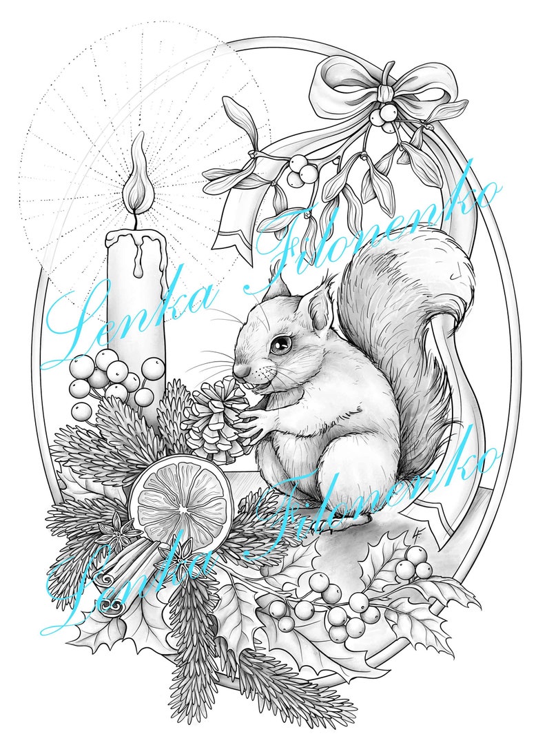 Download Coloring page for adults Christmas Squirrel Grey Scale PDF | Etsy