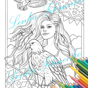 May include: A black and white line art coloring page featuring a woman with long flowing hair and an eagle perched on her arm. The woman is wearing a necklace and a beaded bracelet. The background features a stylized sun with geometric patterns and mountains.