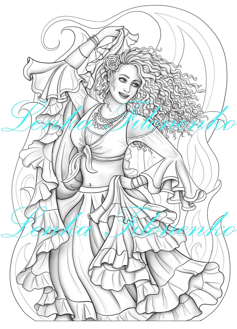 Coloring page for adults Gypsy dancer greyscale PDF | Etsy