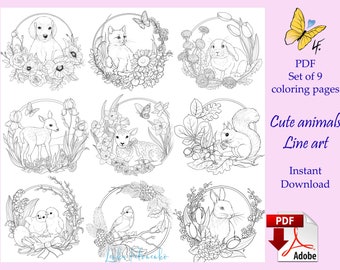 BIG SET Cute Animals Line Art - 9 coloring pages, PDF download and print