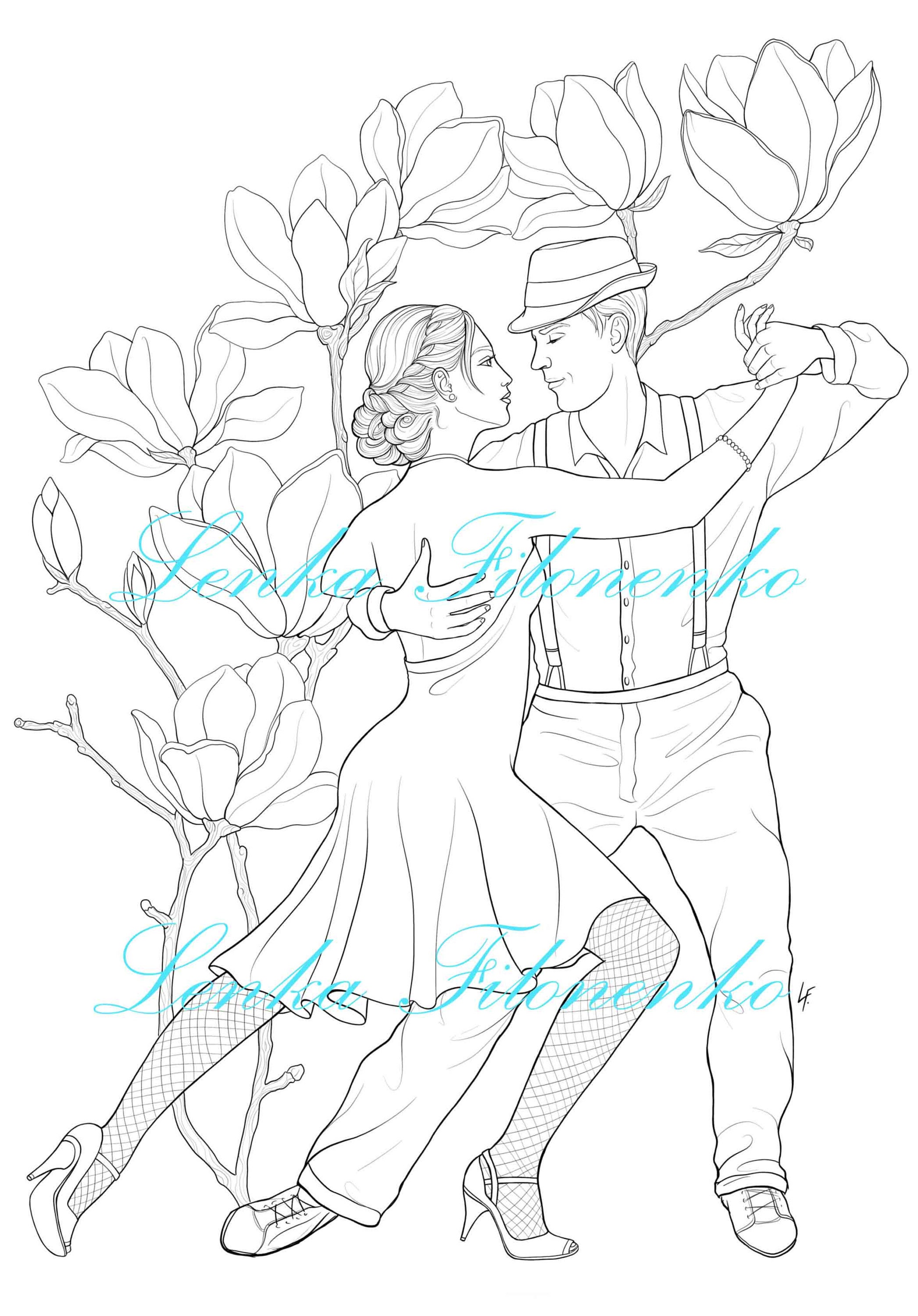Coloring page for adults Tango dance line art Coloring for | Etsy