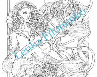 May include: A black and white line art illustration of a woman with long flowing hair holding a cup. The woman is surrounded by fish and waves. The text "Pisces" and "February 19 - March 20" is at the top of the image. The text "Copyright © 2017 by Lenka Filonenko. For personal use only. Do not use for commercial purposes." is at the bottom of the image.