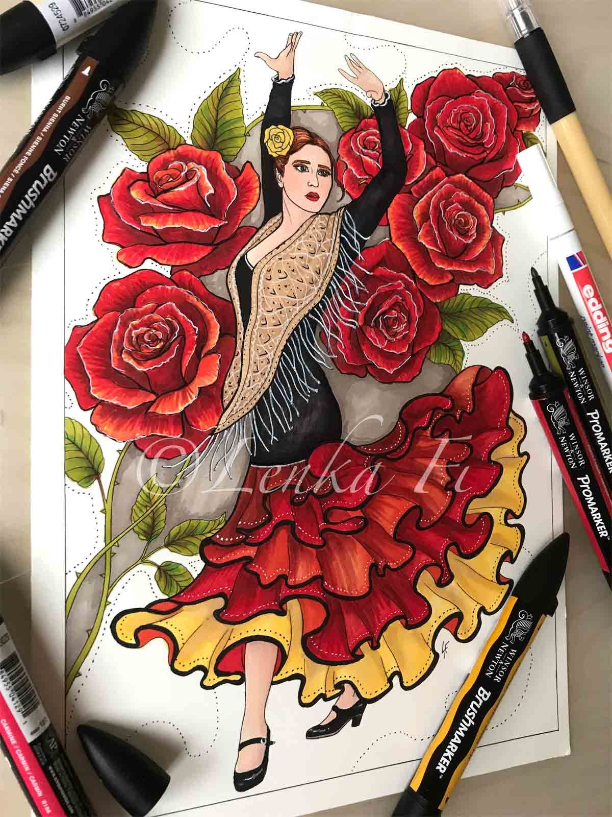 Coloring page for adults Flamenco dancer line art PDF - Etsy España