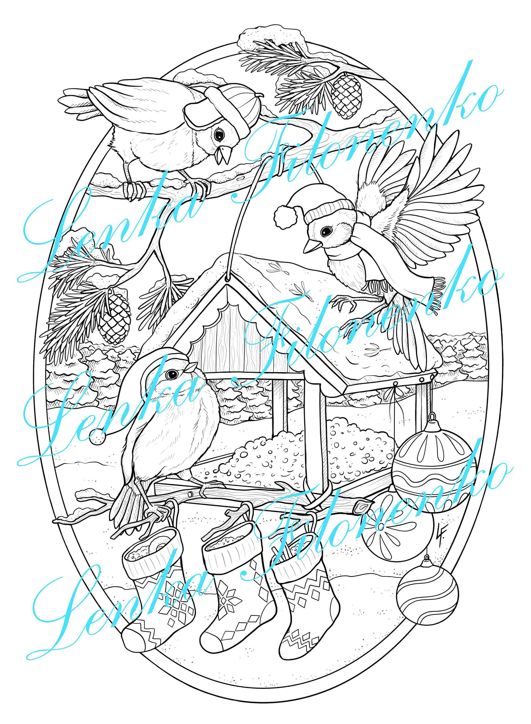 christmas coloring page cute birds line art pdf download etsy australia