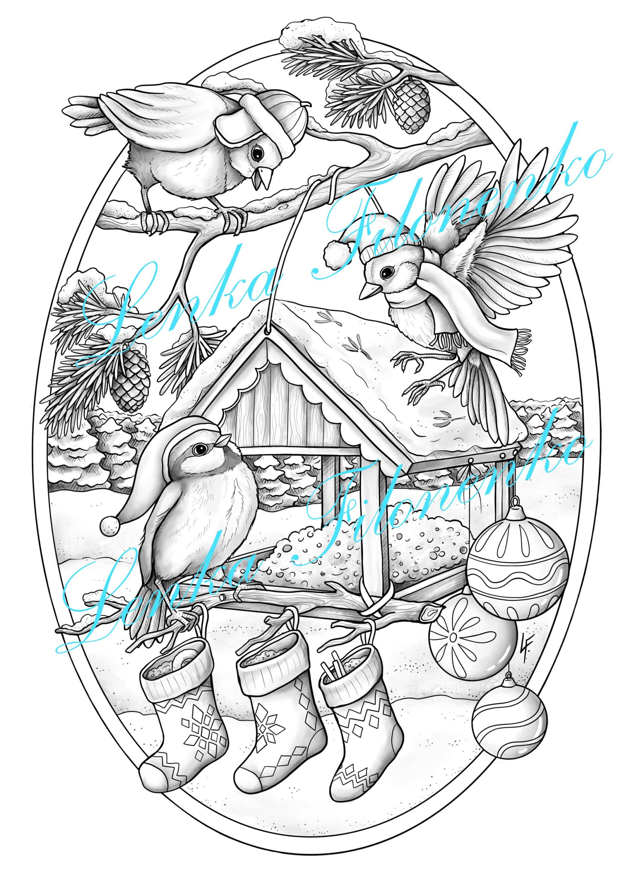 Christmas Coloring Page Cute Birds Grey Scale PDF - Etsy