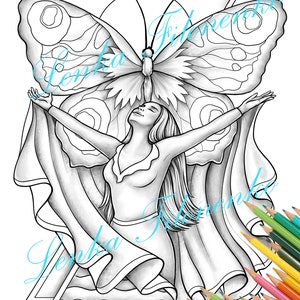 May include: A black and white line art coloring page featuring a woman with her arms outstretched, a butterfly above her head, and a geometric design in the background.