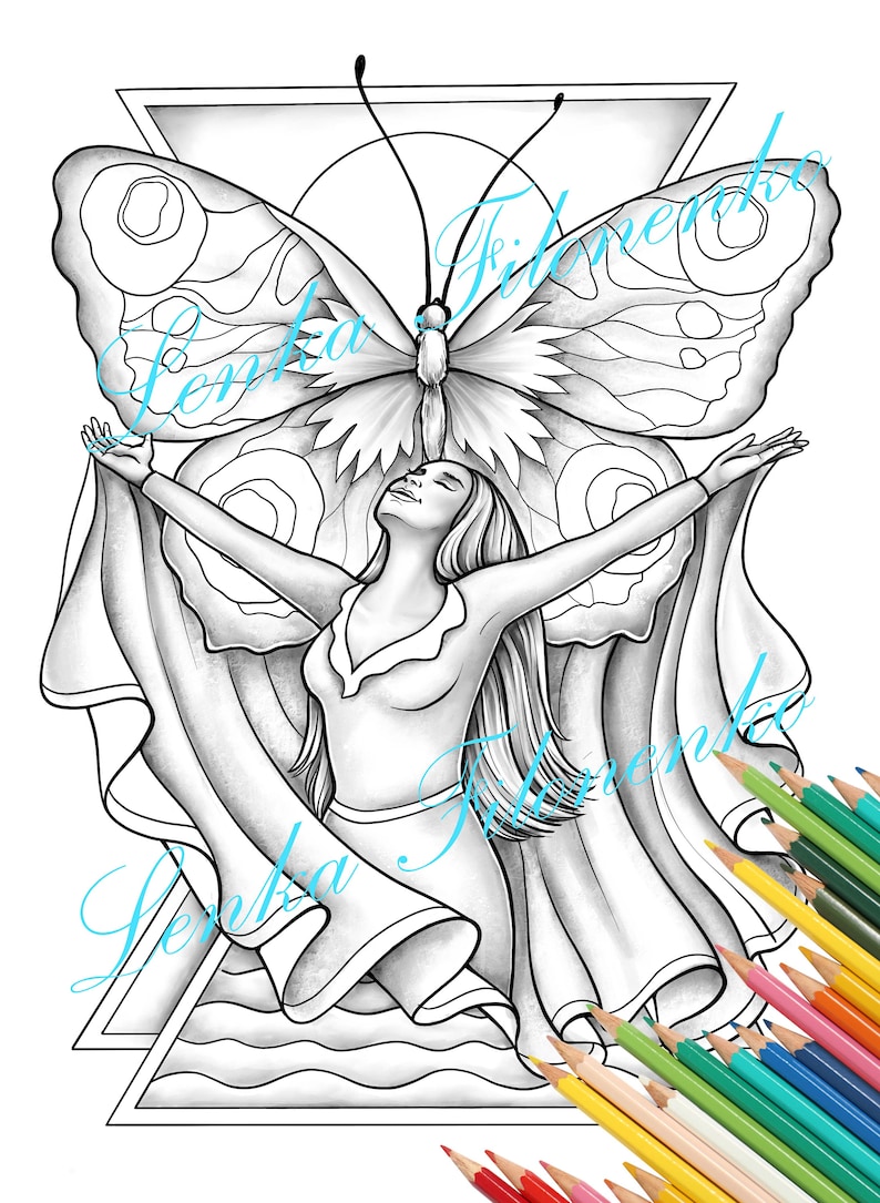 May include: A black and white line art coloring page featuring a woman with her arms outstretched, a butterfly above her head, and a geometric design in the background.