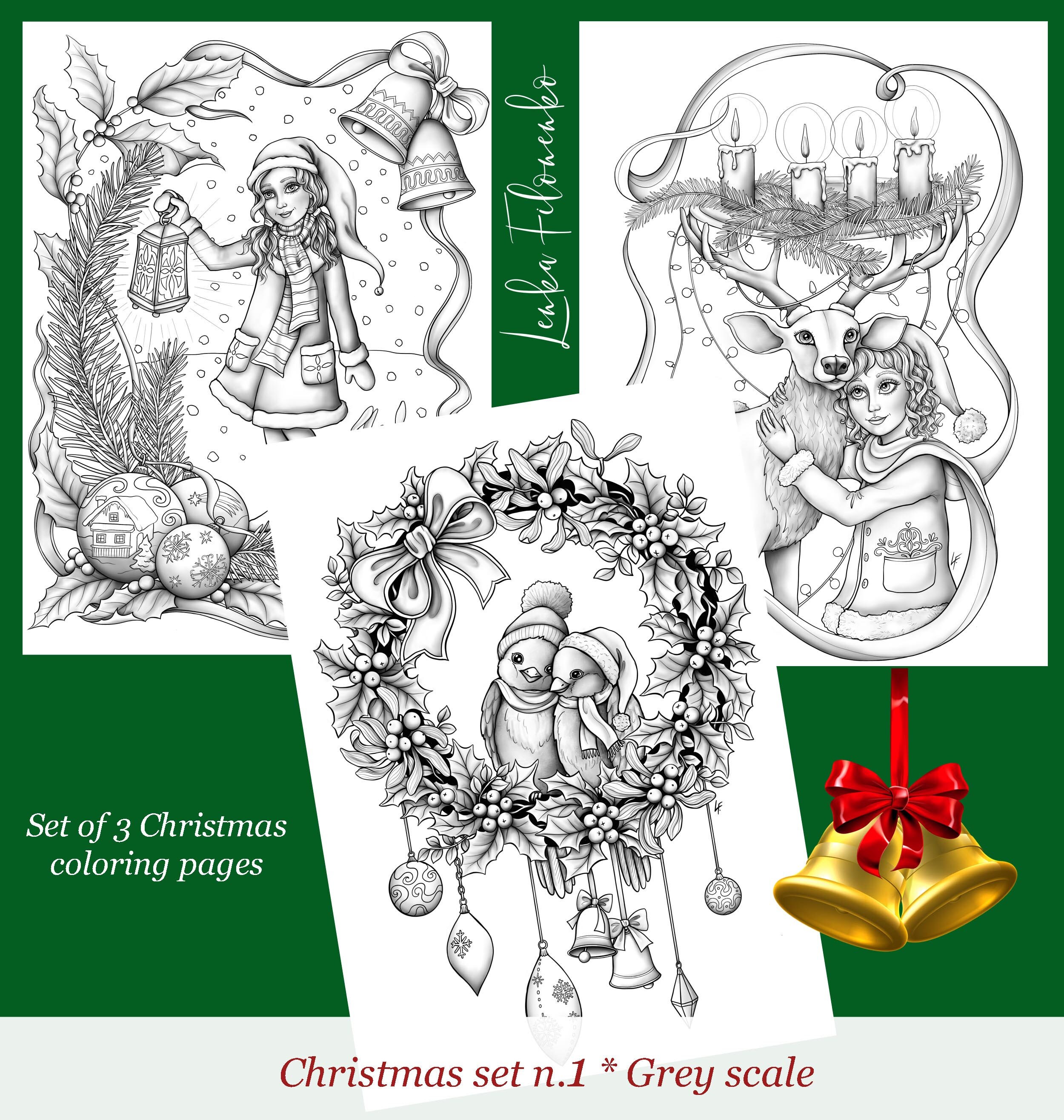 Christmas Set of Coloring Pages GREY SCALE N.1 PDF Download | Etsy
