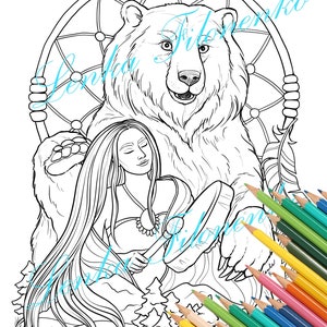 May include: A black and white line art coloring page featuring a bear and a woman holding a drum. The bear is sitting in a dreamcatcher. The woman has long hair and is wearing a necklace. The scene is set in a forest with trees and a river.