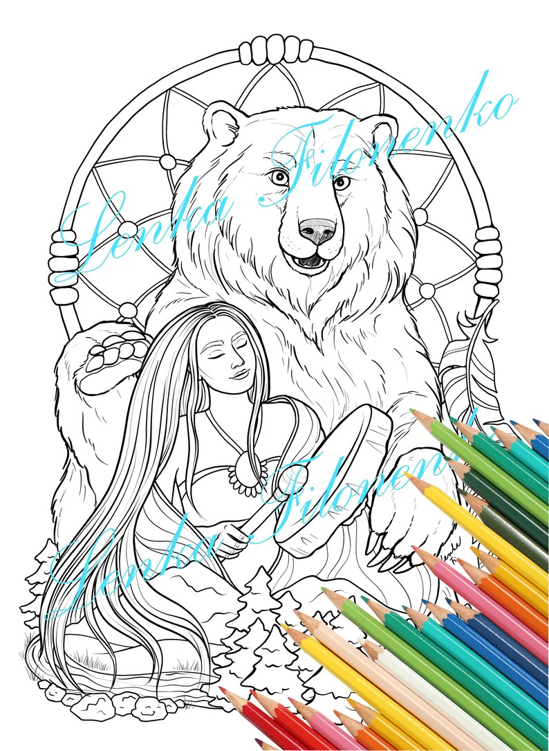 May include: A black and white line art coloring page featuring a bear and a woman holding a drum. The bear is sitting in a dreamcatcher. The woman has long hair and is wearing a necklace. The scene is set in a forest with trees and a river.
