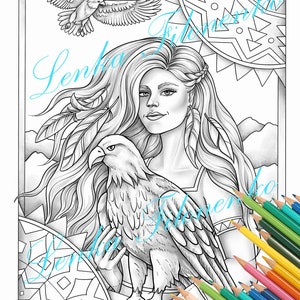 May include: A black and white line art illustration of a woman with long flowing hair holding an eagle. The woman is wearing a beaded necklace and a feathered headdress. The eagle is perched on her arm. The background is a mandala design.