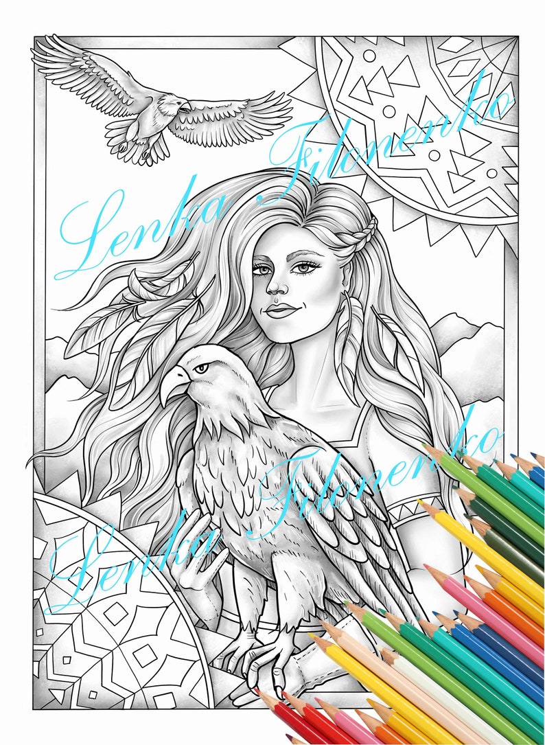 May include: A black and white line art illustration of a woman with long flowing hair holding an eagle. The woman is wearing a beaded necklace and a feathered headdress. The eagle is perched on her arm. The background is a mandala design.