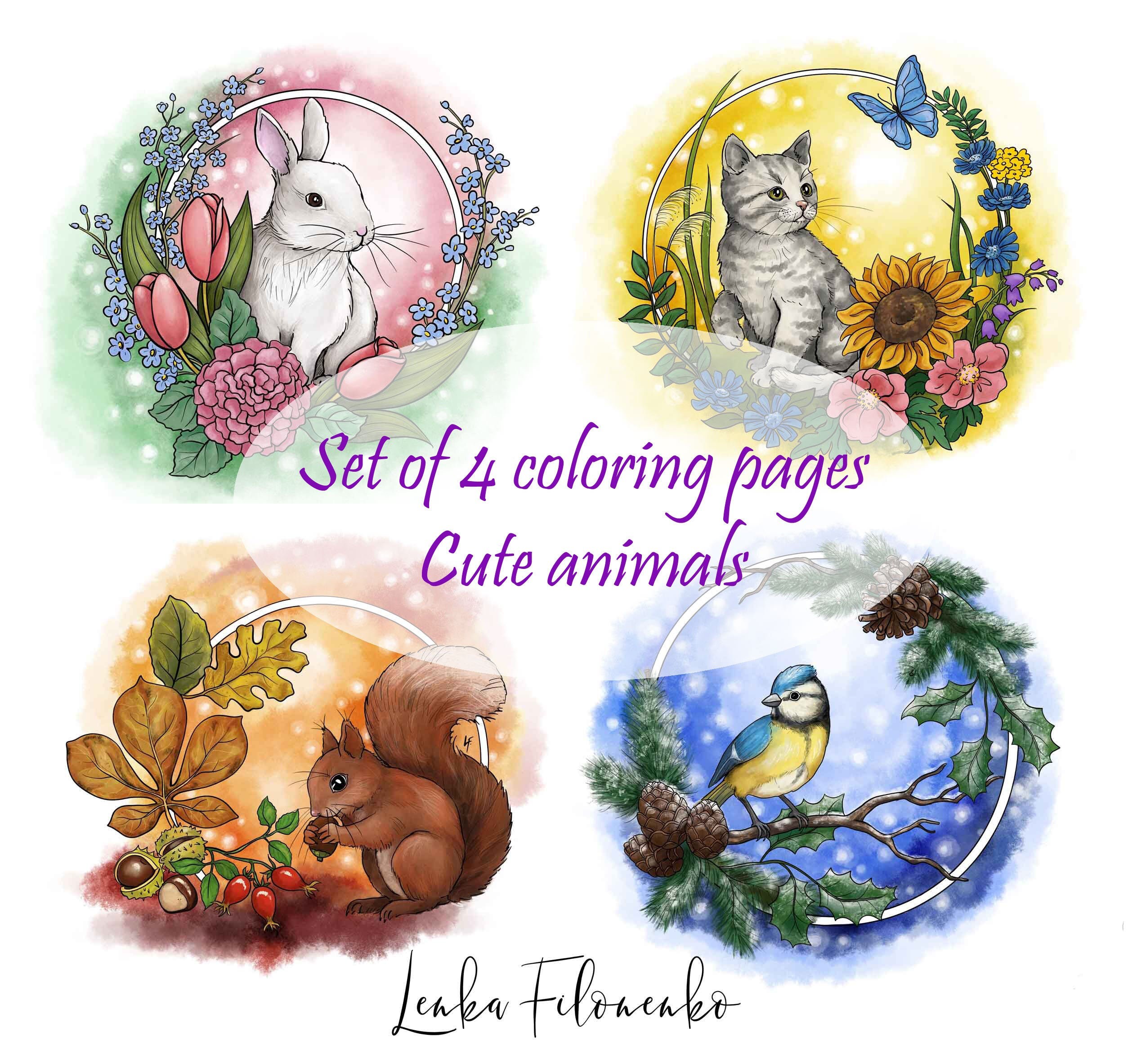 Set of 4 coloring pages Cute animals of Four seasons Line | Etsy
