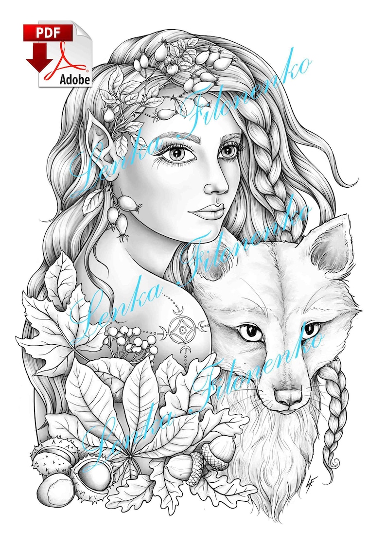 Coloring page for adults Elf with a Fox Grey Scale PDF | Etsy