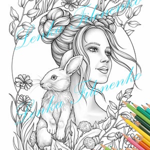 May include: A black and white line drawing of a woman with a bun in her hair and a rabbit sitting next to her. The woman is surrounded by flowers and leaves. The image is perfect for coloring.