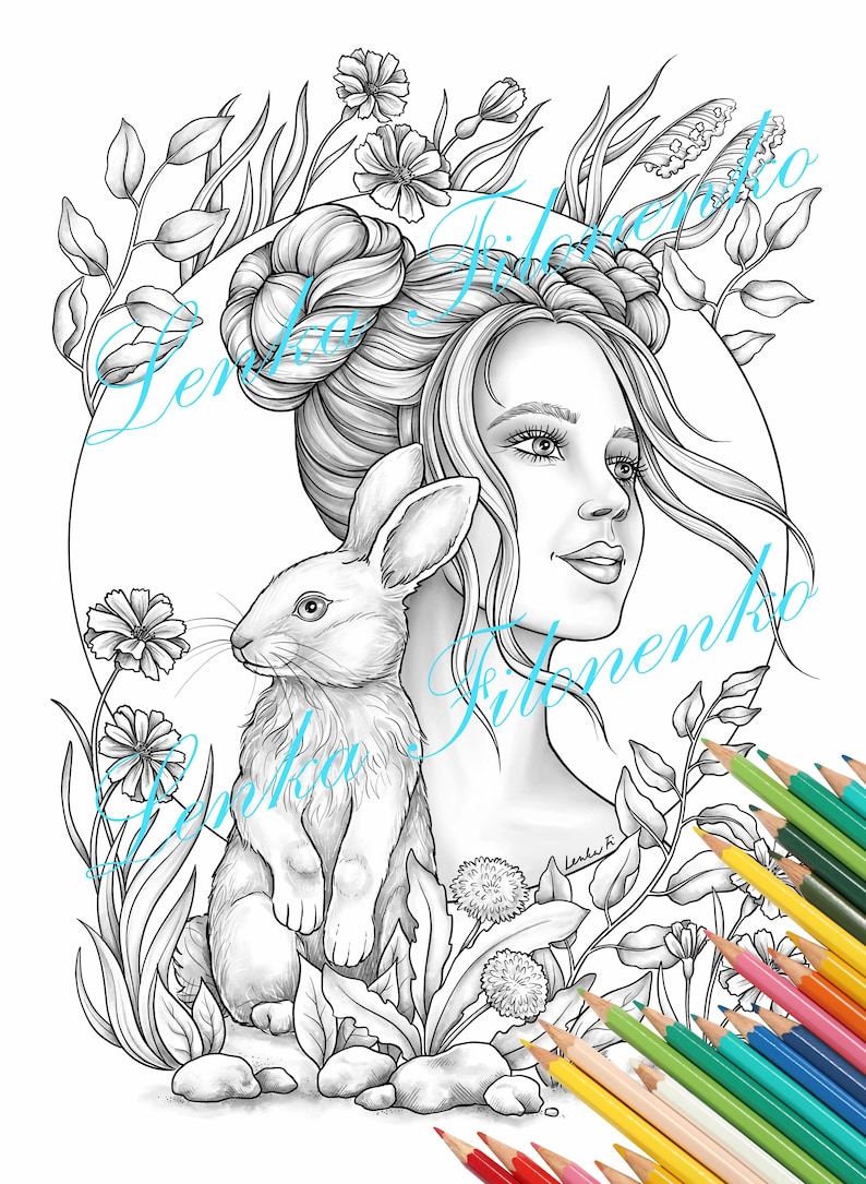 May include: A black and white line drawing of a woman with a bun in her hair and a rabbit sitting next to her. The woman is surrounded by flowers and leaves. The image is perfect for coloring.