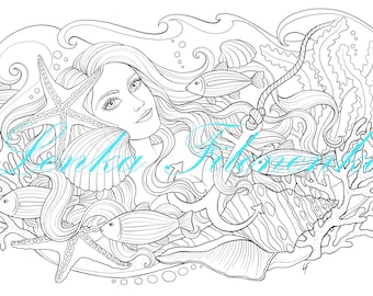 Coloring page for adults, Mermaid Sea Dreams - line art, PDF download and print