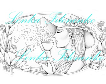 Coloring page for adults, Arts Coloring page, Coffee lady, PDF download and print