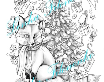 Christmas coloring page for adults, Fox with Christmas tree, Grey scale coloring - PDF download and print