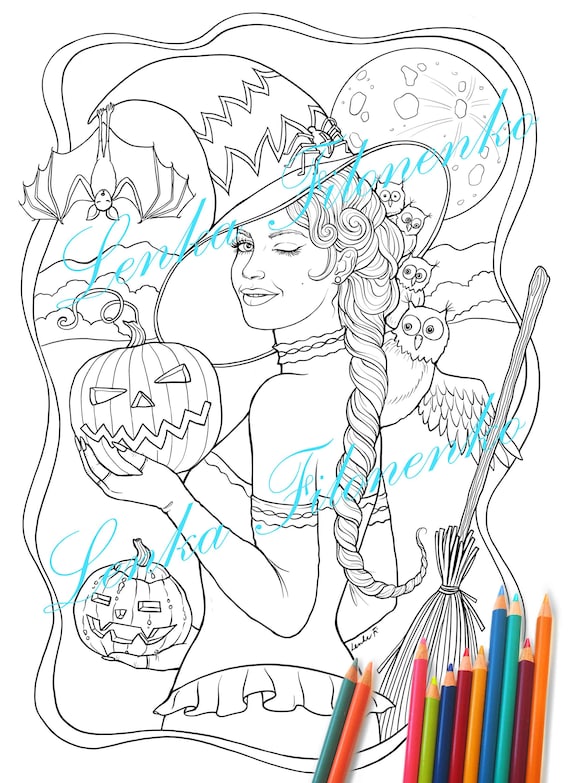 Halloween Witch Coloring Page for Adults Sexy Witch With Owls - Etsy