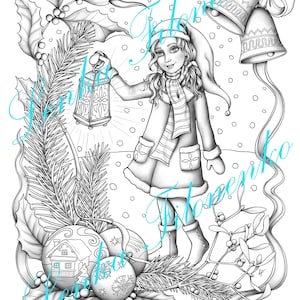 Coloring Page for Adults, Christmas Girl With Lamp, Grey Scale PDF ...