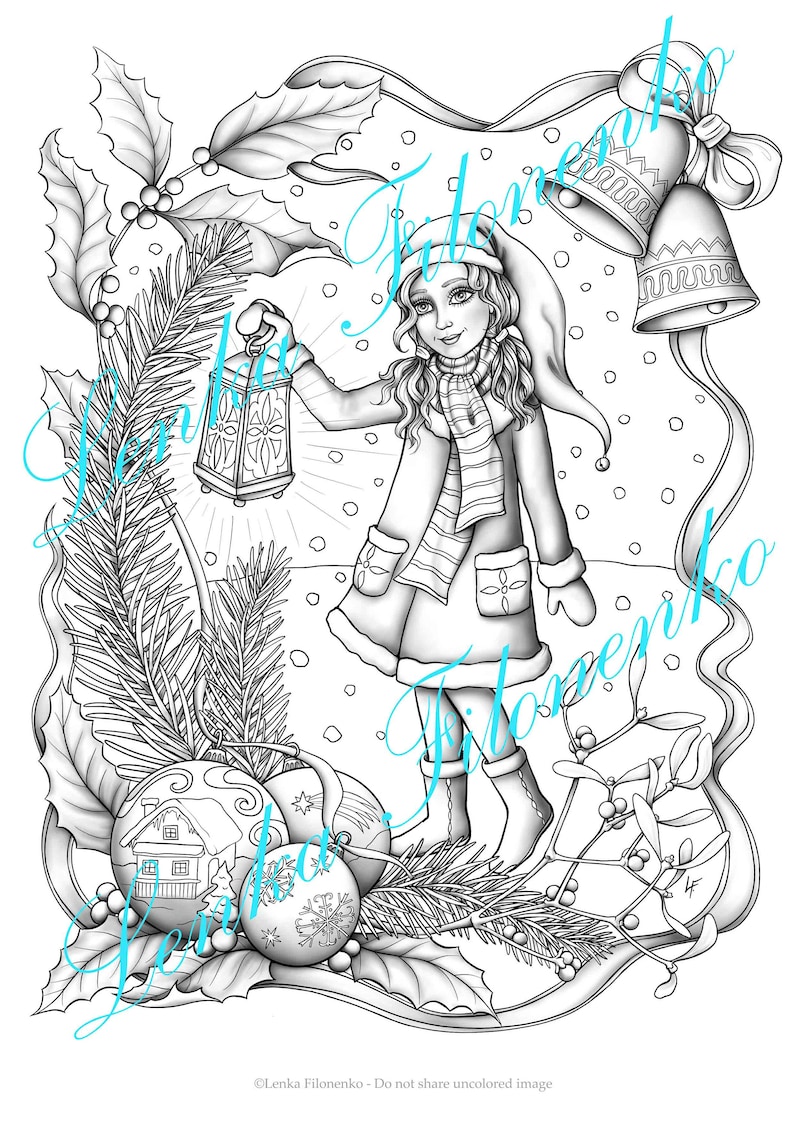 Coloring page for adults Christmas Girl with Lamp Grey scale - Etsy España