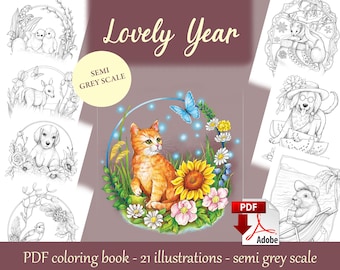 動物の塗り絵 - 年別イラスト、セミグレースケール - 手描き（PDFダウンロード）