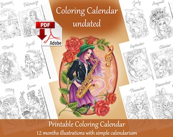 印刷可能な塗り絵カレンダー - グレースケールのイラスト、日付なし（PDFダウンロード）