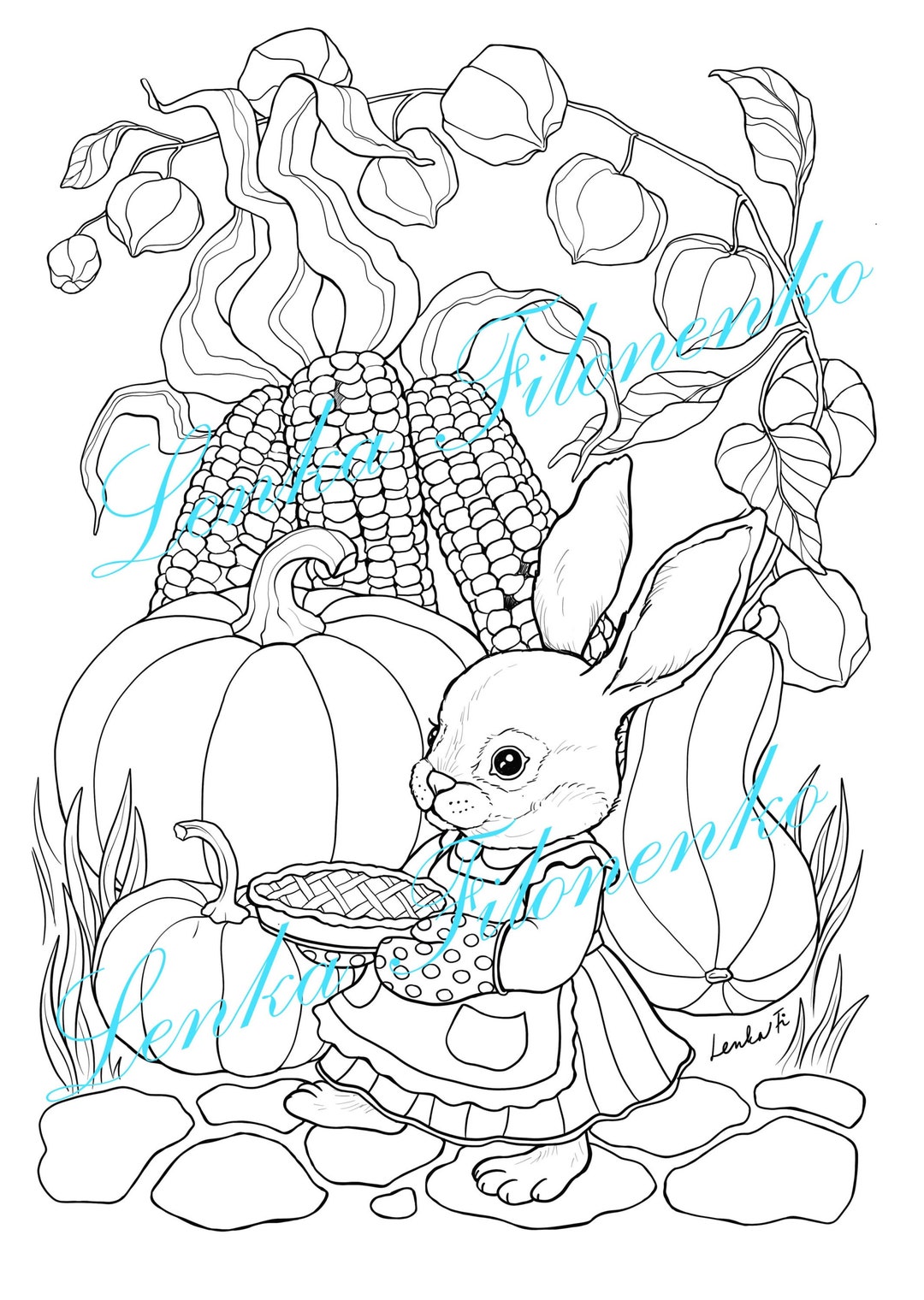 Thanksgiving Bunny Coloring Page for Adults LINE ART, PDF Download and ...