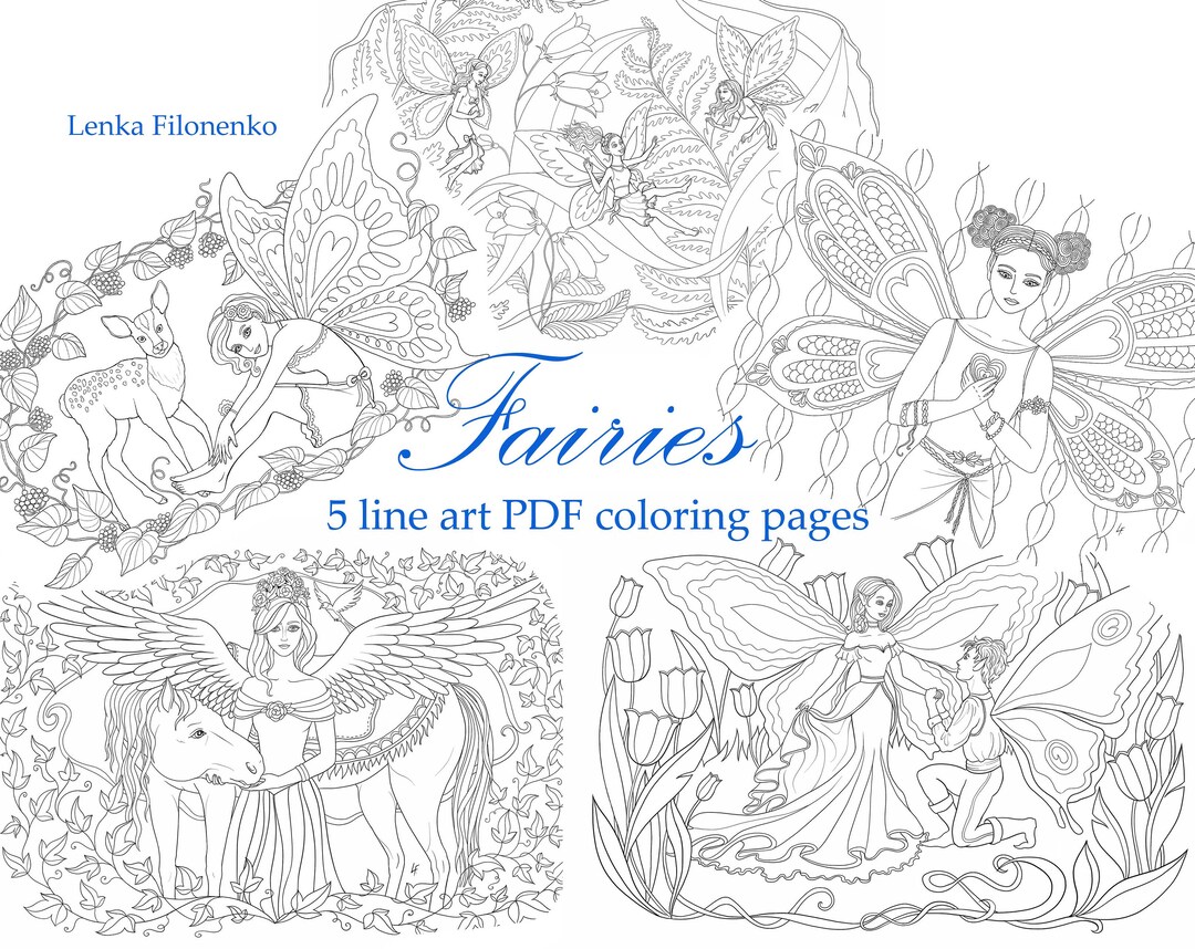 Set of 5 Coloring Pages, Fairies Line Art, Fairy PDF Download and Print ...