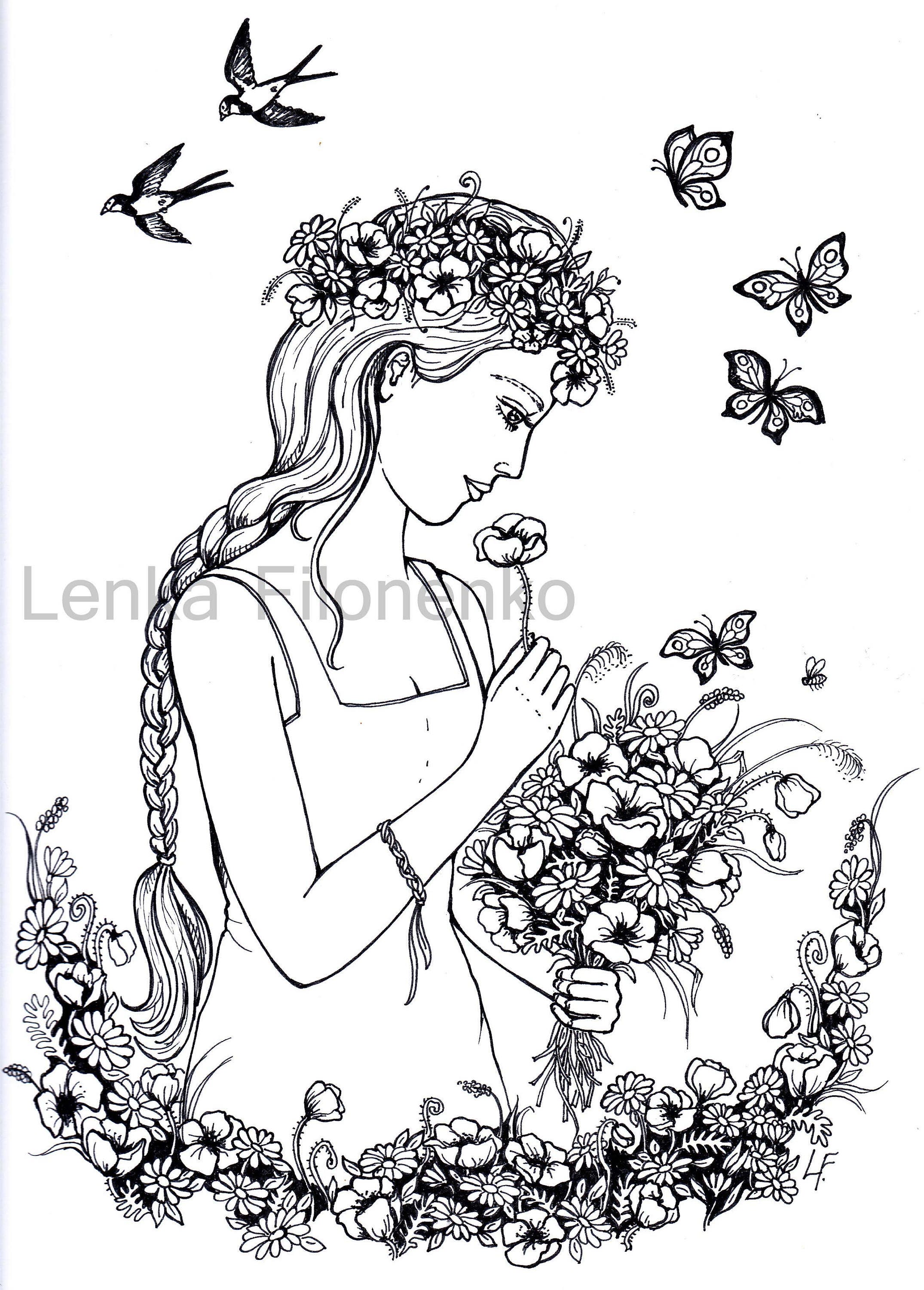 Coloriage Aquarelle Adulte à Imprimer Coloriage pour adultes coloriage page femme avec des fleurs - Etsy Canada