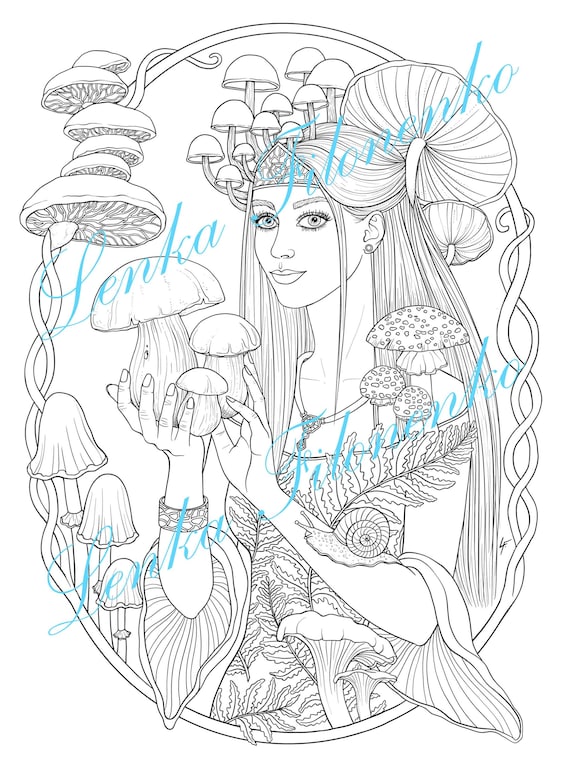 Coloring Page for Adults Mushrooms Queen Line Art PDF Etsy