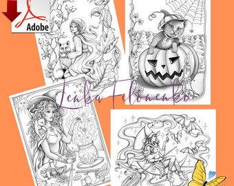 Set of 4 Coloring pages,Fall Witch Autumn Halloween, GREY SCALE - PDF download and print