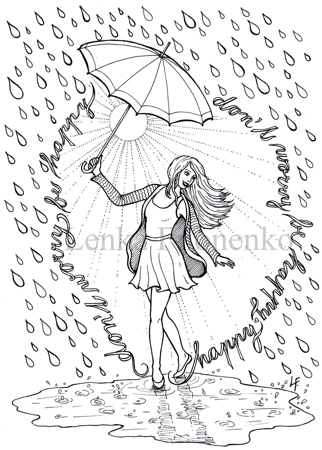 Coloring Page for Adults, Coloring Page Happy Rain, Adult Coloring ...