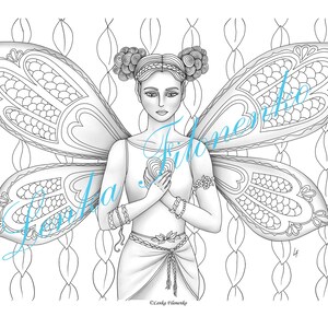 Greyscale Fairy Coloring Page: Detailed Wings, Bun Hairstyle (PDF Download)