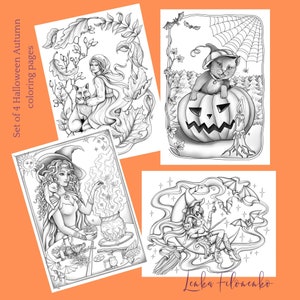 Set di 4 pagine da colorare SCALA DI GRIGIO, Strega d'autunno Gatto di Halloween d'autunno, Scala di grigi - Scarica e stampa PDF
