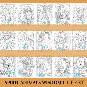 May include: A set of 21 black and white line art illustrations featuring different spirit animals, each with a woman and a unique design. The illustrations are numbered 1 through 21. The text "SPIRIT ANIMALS WISDOM LINE ART" is at the bottom of the image.
