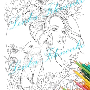 May include: A black and white line drawing of a woman with long hair and a rabbit. The woman is surrounded by flowers and leaves. The image is suitable for coloring.