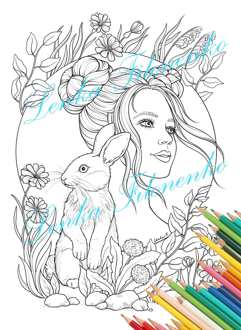 May include: A black and white line drawing of a woman with long hair and a rabbit. The woman is surrounded by flowers and leaves. The image is suitable for coloring.