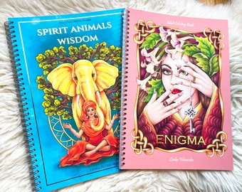 Set of two Coloring books Enigma and Spirit Animals Wisdom, Adult Coloring Book, High quality artist print