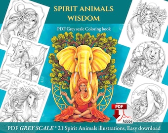 Printable Greyscale  Spirit Animals Coloring Book, PDF download